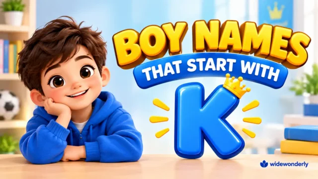Boy names that start with k featuring a cheerful cartoon boy and a glossy blue letter K.