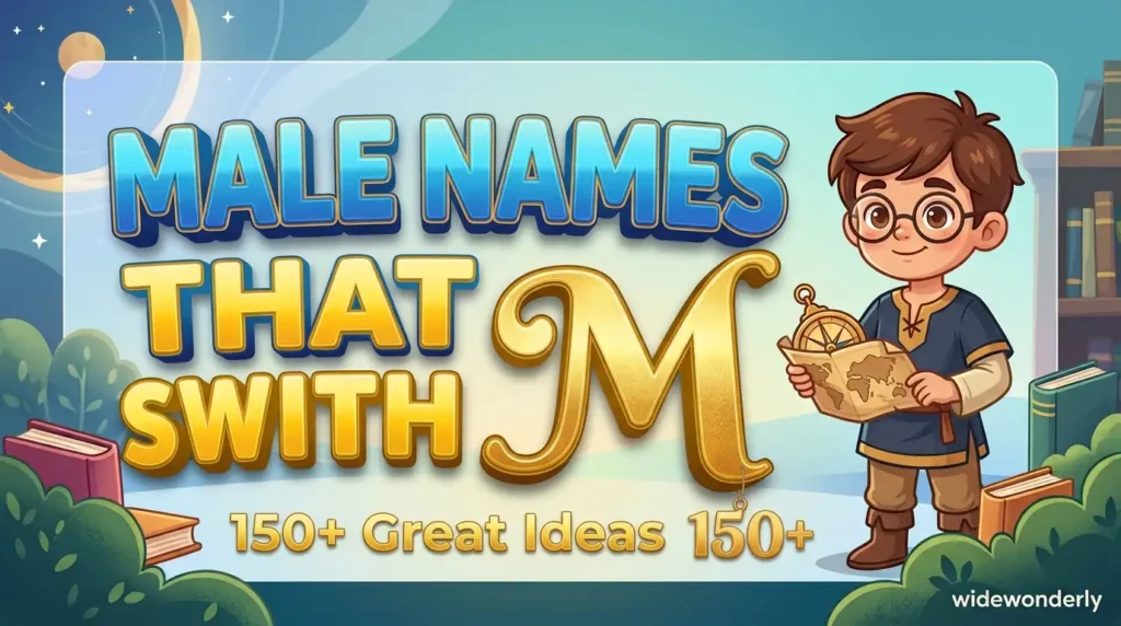 Featured image for a widewonderly article: male names that start with m . A smart boy holding a map stands next to the golden letter M with books around him.