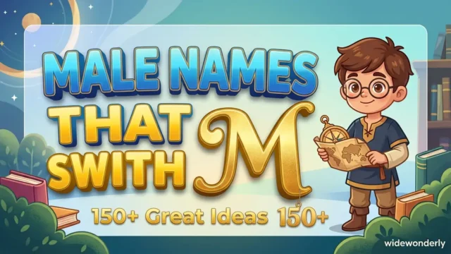 Featured image for a widewonderly article: male names that start with m . A smart boy holding a map stands next to the golden letter M with books around him.