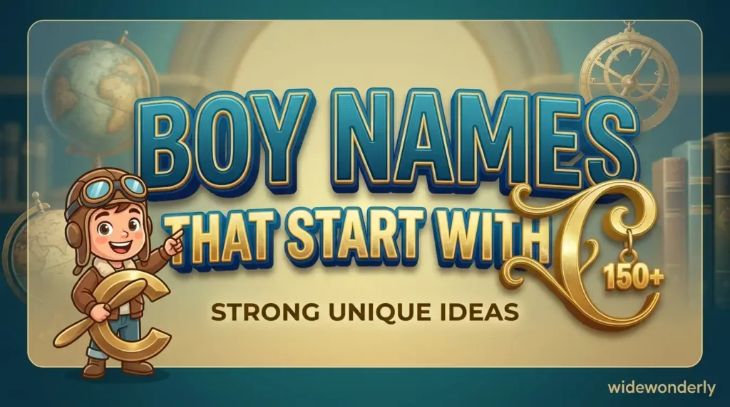 Featured image for a widewonderly article: boy names that start with c . A boy character explorer points to large, bold 3D text 'BOY NAMES THAT START WITH C' on a blue background.