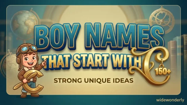 Featured image for a widewonderly article: boy names that start with c . A boy character explorer points to large, bold 3D text 'BOY NAMES THAT START WITH C' on a blue background.
