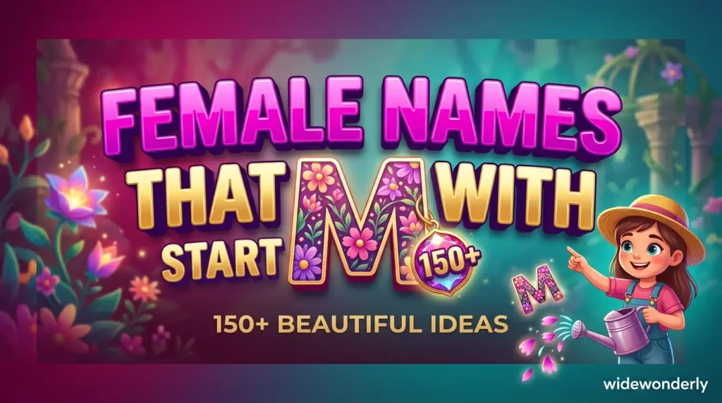 Featured image for a widewonderly article: female names that start with m . A floral-themed cover featuring 3D text and a character with a watering can.