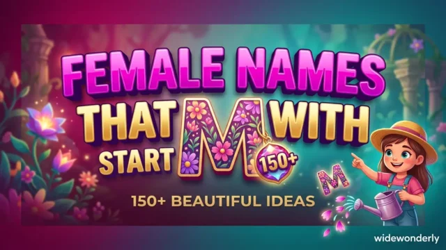 Featured image for a widewonderly article: female names that start with m . A floral-themed cover featuring 3D text and a character with a watering can.
