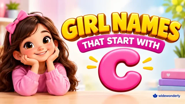 Girl names that start with c in a colorful thumbnail with a cute cartoon girl and a glossy pink letter C. Copy alt text