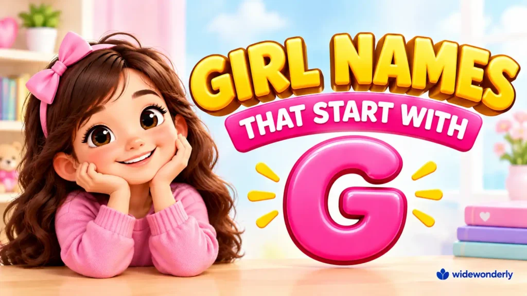Girl names that start with g featuring a cheerful cartoon girl and a glossy pink letter G.