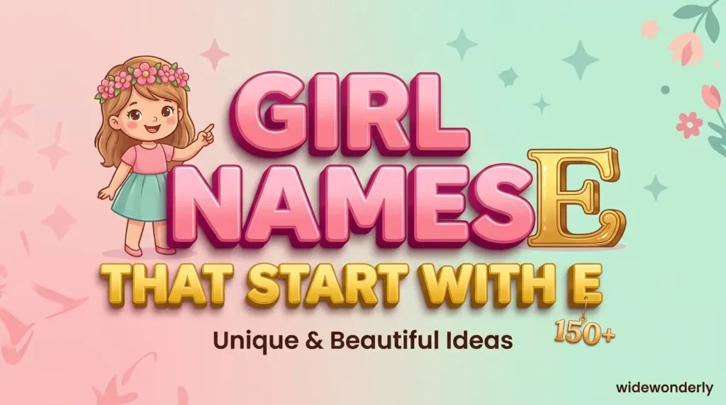 Featured image for widewonderly article: girls names that start with e . A cute girl illustration pointing to bold 3D text.