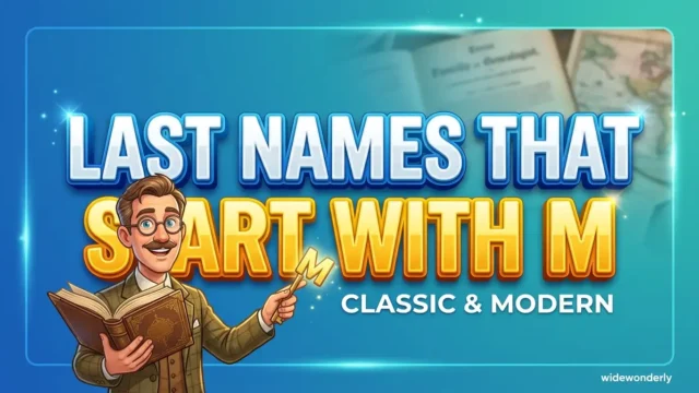 last names that start with m . A smiling genealogist character holds an open book and points to the large, bold 3D text