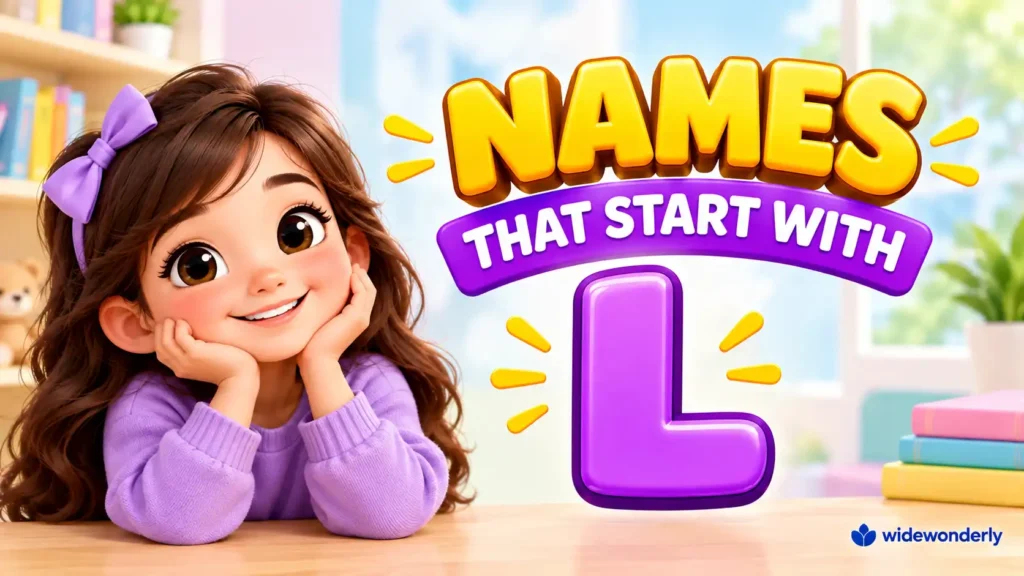 Names that start with l featuring a cheerful cartoon girl and a glossy purple letter L.