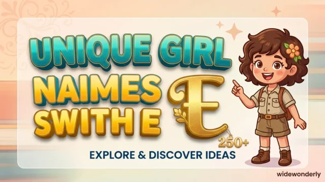 Featured image for widewonderly article: 150 unique girl names that start with e . A cute explorer girl stands next to the golden letter E on a soft pastel background.